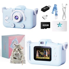 Kids Camera,1080P HD Selfie Digital Video Camera with Games& 62GB SD Card,Multifunctional Digital Camera with Storage Bag,Christmas Birthday Gifts for Girls and Boys Age 3-9 (Blue)