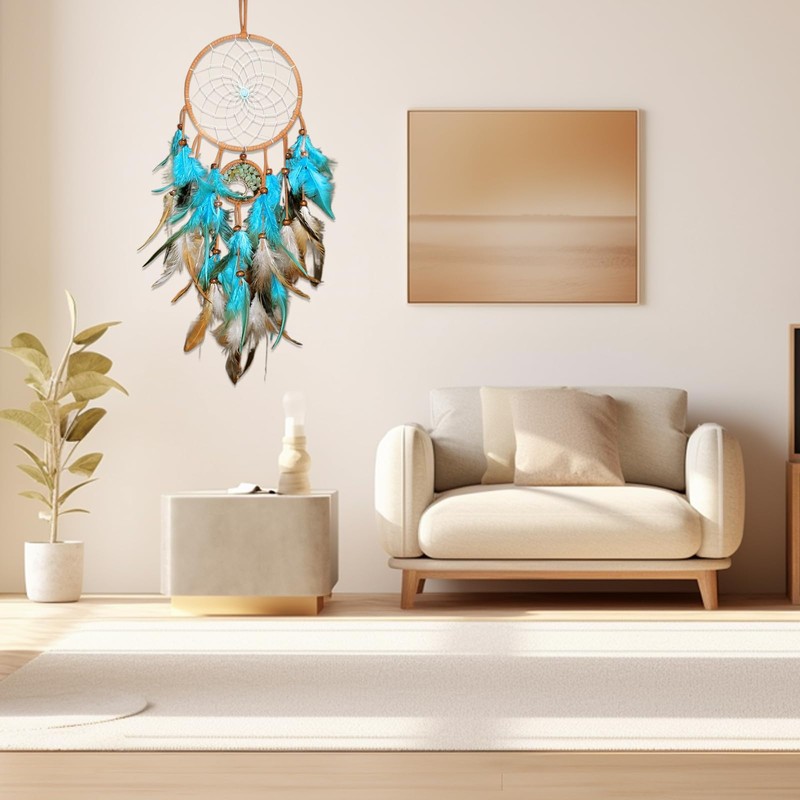 60CM Feather Dreamcatcher, Blue Tree of Life Double Circle Dream