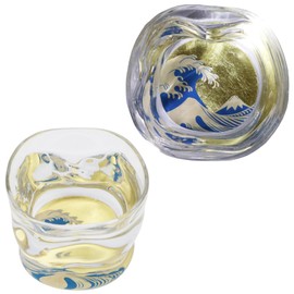 Kasyou Studio The Great Wave of Kanagawa sake cup (Natural curl shape) Glass (Kanazawa Gold Foil, Gift Box), Made in Japan, japanese sake cup soju glass luxury golden glasses Kasyou Maki-e Glass
