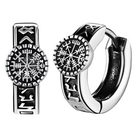Flongo Viking Compass Earrings for Men: Amulet Norwegian Runes Hoop Earrings Cool Biker Punk Stainless Steel Lightweight Stud Earrings Father's Day Men Gift Mythological History, Stainless Steel