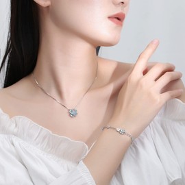 JIANGXIN March Birthstone Aquamarine Pure Sky Light Blue Gemstone 925 Sterling Silver Pendant Necklace for Women Lucky Four Leaf Clover Plant Shamrock Jewelry Birthday Gift for Fianc? Lover