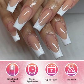 AddFavor French Tip Press on Nails Long Square Fake Nails, 120pcs/pack White French Nails Press on Glossy Brown Nude Acrylic Nails Artificial False Nails with Adhesive Tabs for Women
