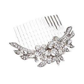ACCESSORIESFOREVER Women Bridal Wedding Jewelry Crystal Rhinestone Duo Flowers Hair Comb Pin Silver