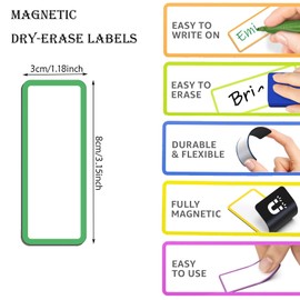 54Pcs Magnetic Dry Erase Label,Reusable Magnetic Classroom Name Label,Waterproof Magnetic Label Color Writable Refrigerator Sticker - with 1 Erasable Pens (9 Colors)