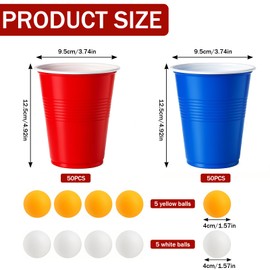 Coco Berming Red Blue Reusable Cups Set of 100, 500 ml Party Cups and 10 Table Tennis Balls, Drink Cups for Party, Camping, Birthday, Wedding, Festivals
