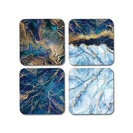 DV DESIGN 4 x Square Art Deco Coasters - Blue Aqua Abstract Gold Marble Effect Gift #77902