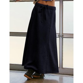 Meladyan Women’s Solid A Line Maxi Sweat Skirt Relaxed Fit Low Waist Athletic Skirt with Pockets Black