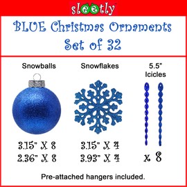 Blue Shatterproof Plastic Christmas Tree Baubles 60mm and 80mm Glitter Snowballs Icicle Snowflakes Ornament Set of 32