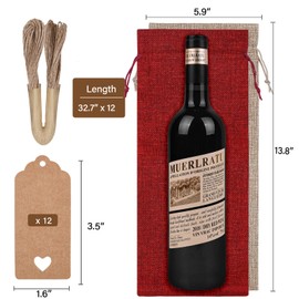 EVRWO Burlap Wine Bags 12 Pcs Wine Bottle Gift Bags With Drawstrings Tags & Ropes for Holiday Weedings Party, Birthdays, Travel, Blind Tastings, Reusable Home Storage 750ml