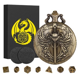 Mini DND Dice Set with Steampunk Paladin Pocket Watch Shell Case, DND Starter Set, 7pcs Polyhedral Mini Metal Dice Set, D&D Gifts with Gift Box, Role Playing Board Game Accessories,Bronze