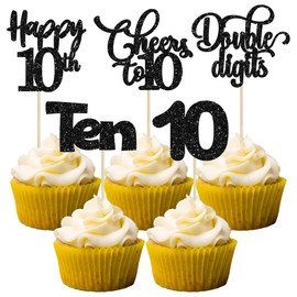 Paquete de 30 adornos para magdalenas de feliz décimo cumpleaños con purpurina de dos dígitos para cumpleaños de 10 años para decoraciones de tartas de décimo cumpleaños, aniversario, fiesta,