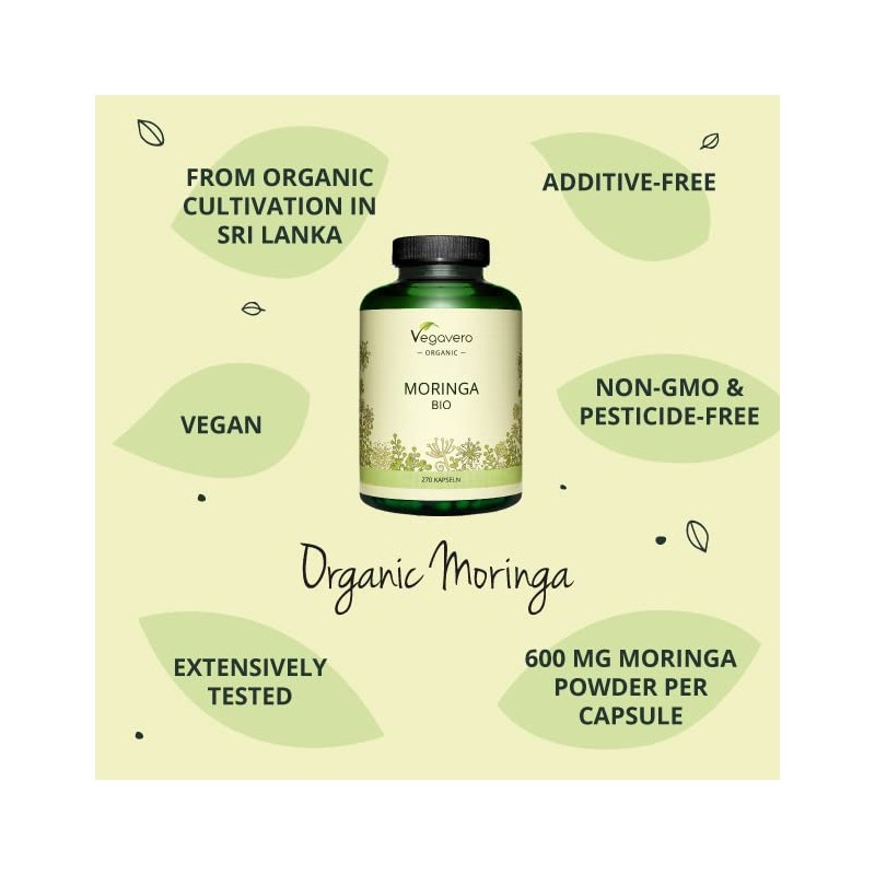 Organic Moringa Oleifera Capsules 1800mg Vegavero® | No Additives |