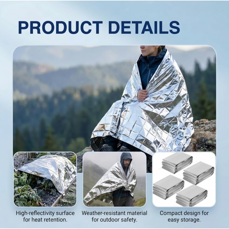 4 Pack Emergency Foil Blankets Survival Thermal Mylar Blankets, 210×130cm