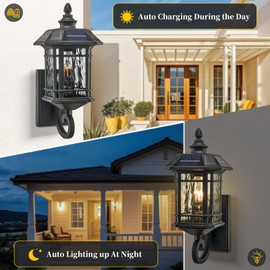 NAXTTII Outdoor Solar Wall Light Dusk to Dawn Solar Porch Light with Water Ripple Glass 20 Inch Height Large Size Outdoor Wall Sconce for Garage Porch Front Door Black Finish and Waterproof