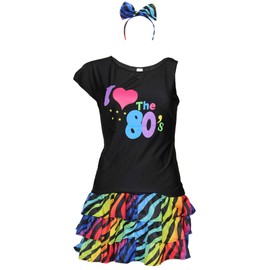 80s Women's Costume - Colourful Tutu Headband and Black Neon Shirt - Size S-XXL - Ballet Fancy Dress Carnival Tulle Skirt Short, Size: XL