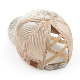 Funky Junque Criss Cross Hat Womens Baseball Cap Distressed Ponytail Messy Bun Trucker Ponycap (Faux Leather Snakeskin - Beige)