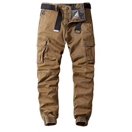 chouyatou Men's Casual Mid-Rise Waist Tapered Leg Close Bottom Jogger Cargo Pants (32, Khaki)