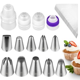 Juego de 10 puntas de acero inoxidable con 4 acopladores y 20 bolsas de pastelería desechables, puntas de decoración grandes para pastelería