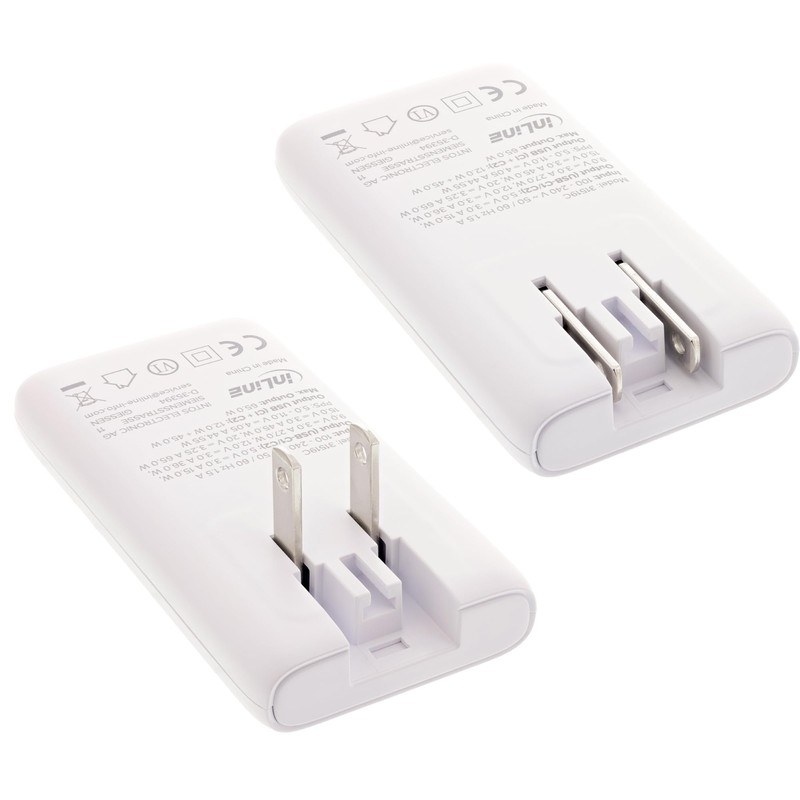 Inline USB Travel Power Supply Charger 65 W, Flat, Dual