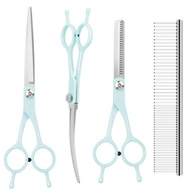 TIUIRE Dog Cat Grooming Scissors Kit,Pet Grooming scissors Set,Dog Scissors for Grooming,Incude Thinning,Straight,Curved Grooming Scissors and Comb for dogs, cats.