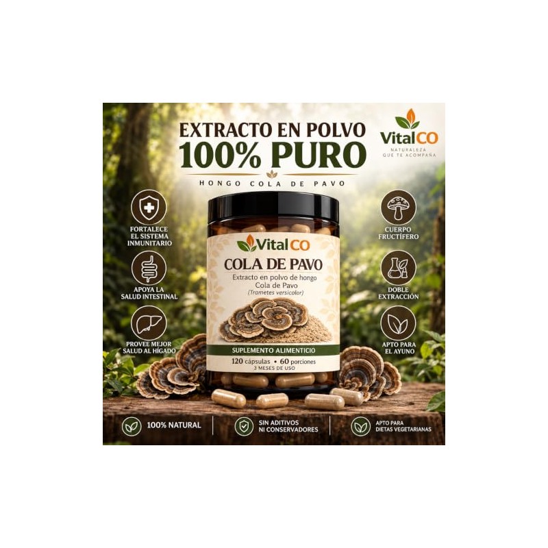 Hongos Adaptógenos Suplemento Hongo Cola Pavo 120 Cápsulas Extracto 100