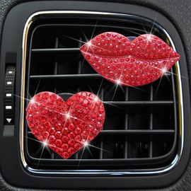 2 Pcs Red Heart and Bling Lip Car Air Vent Clips,Rhinestone Car Air Fresheners Vent Clip,Cute Aromatherapy Diffuser Car Vent Clip Interior Decoration Charm Accessories for Girl Women