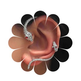 Yheakne Punk Snake Cuff Earrings Silver Snake Ear Climber Earrings Boho Cartilage Crawler Earrings Gothic Snake Clip On Wrap Earrings Ruby Snake Earrings Jewellery for Women (Silver)