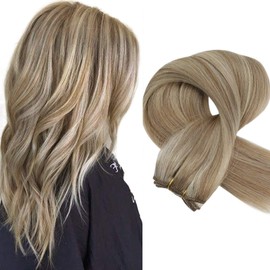 Sunny Weft Hair Extensions Human Hair Sew in Highlights Hair Extensions Weft Real Hair Extensions Dark Ash Blonde Highlighted Golden Blonde Bundle Sew in Hair Extensions 18inch 100g