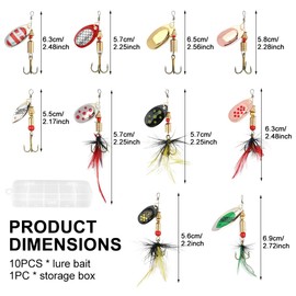 10pcs Fishing Lure Spinnerbait with Feathered Treble Hooks Rooster Tail Fishing Lures Spoon Lures for Bass Salmon Trout Spinner Baits, Metal Spinner Baits Kit with Tackle Box