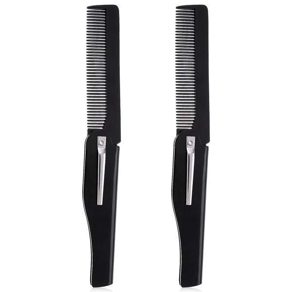 2Pcs Folding Beard Comb Mustache Comb Small Pocket Comb for Men, Smooth Hair Comb Mens Beard Straightener Comb Deep Beard & Mustache Combs for Men Everyday Grooming(Black)