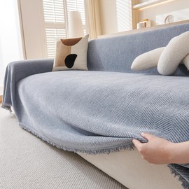 VANJOROY 100% Chenille Natural Sofa Large Throw Blanket For 2 3 Seater -Extra Large Throws for Settees, Natural Luxury Soft Throw for Chair Couch and Bed, Blue-180 x 300cm