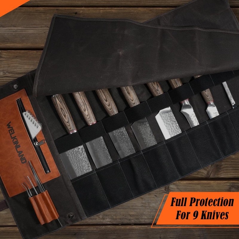 WELKINLAND 13-Pocket Knife Roll, Waxed-Canvas Leather Knife Roll Bag, Heavy-Duty