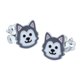 Husky Dog Wolf Earrings - Grey and White - 925 Sterling Silver