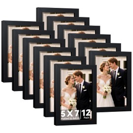 HappyHapi 5x7 Picture Frames Set of 12, Black Photo Frames, Display Pictures 4x6 with Mat or 5x7 without, Wall Hanging or Tabletop Display (Black)