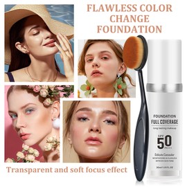 2PCS Color Changing Foundation Makeup Set, Full Coverage Liquid Makeup Foundation with Brush, Moisturizing Oil Control Foundation Color Changing Makeup, Waterproof Matte Concealer with Makeup Sponge