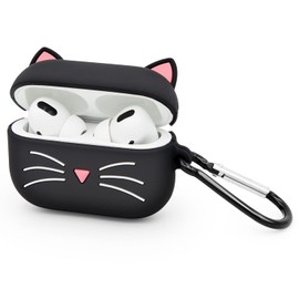 YONOCOSTA Cute Airpods Pro Case, Black Whisker Cat Kitty Airpods Pro 2 Case, Funny 3D Cartoon Animals Shockproof Soft Silicone Charging Case Cover Skin with Carabiner for Kids Girls Women Children