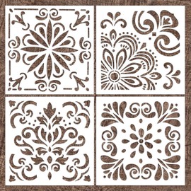 Reusable Mandala Floor Stencil Set of 4 (7.9 x 7.9 inch) Painting Stencil, Laser Cut Painting Template Floor Wall Tile Fabric Wood Stencils DIY Decor (White-CC(4 Pack))