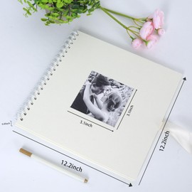 RECUTMS Scrap Books 12x12 Inch Large Scrapbook Photo Album Journal Binder Ring Blank Sheet Silk Ribbon with Pack of 1 Marker Pen DIY Albums Commemorative for Wedding Travel (White)