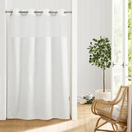 River Dream Stall Shower Curtain No Hooks Needed,White Fabric Shower Curtain for Bathroom,Hotel Quality Shower Curtain with Window,Machine Washable,Water Repellent,54" Wx80 H, Stall Long Size