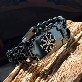 bahamut Mens Viking Odin Gungnir Stainless Steel Cool Cuban Chain Link Bracelet for Men,Norse Cuff Wristband Jewelry (Black Helm of Awe)