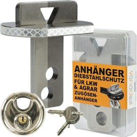 PRODUDA Anhängerschloss Landwirtschaft und LKW Anhänger reflektierend Diebstahlsicherung Diebstahlschutz Zugöse 40mm bis 50mm Edelstahl, mit Staubox und Rundbügelschloss