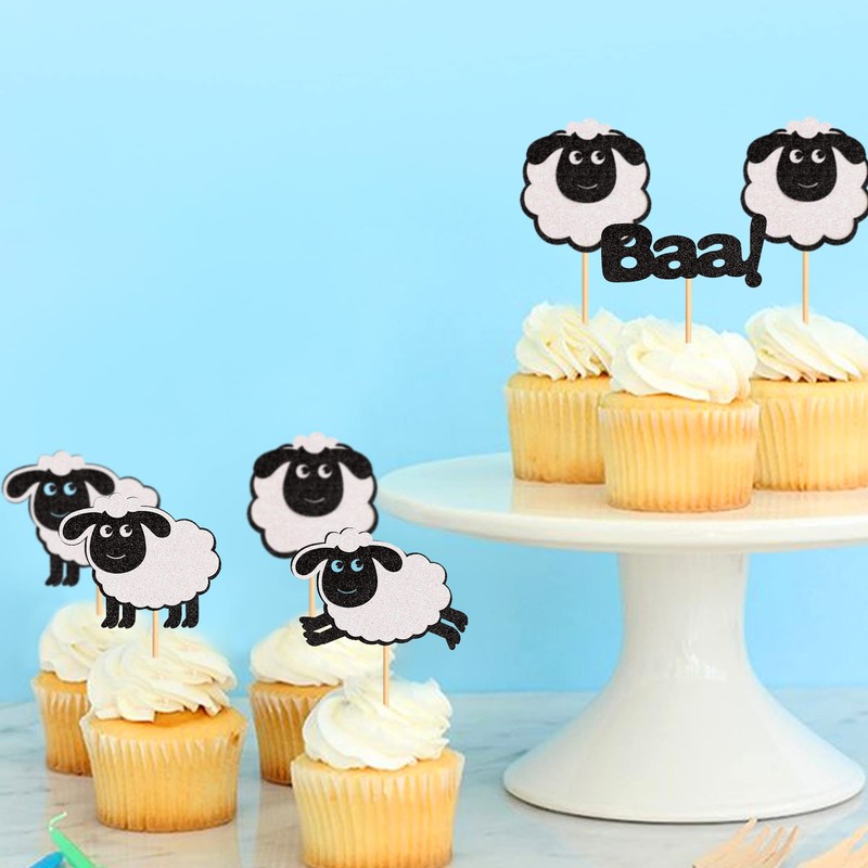 Ercadio 24 Pack Sheep Cupcake toppers Black Glitter Farm Animals