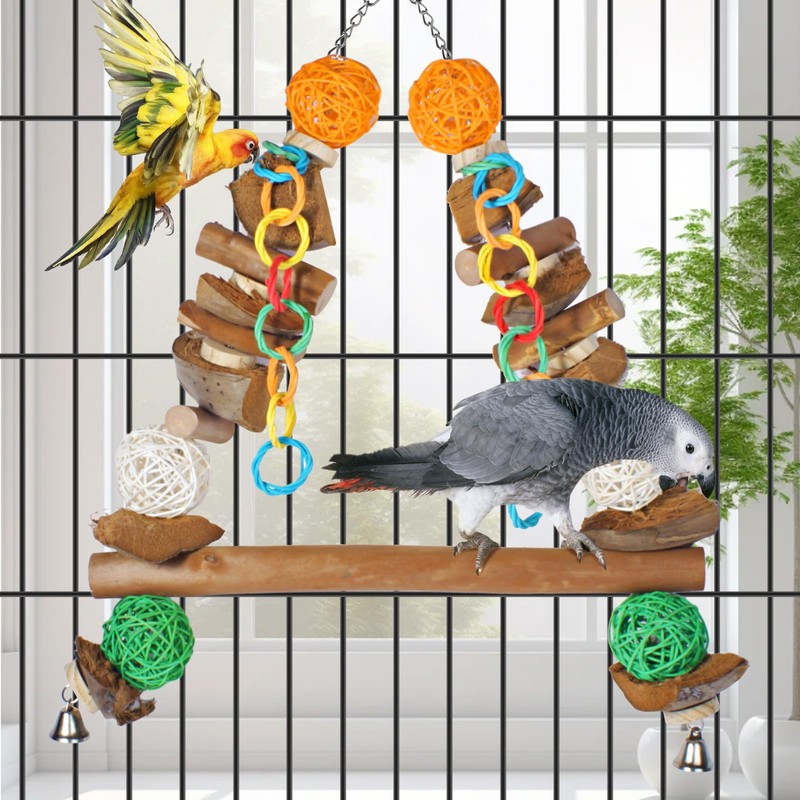 unimaxlink 3-in-1 Parrot Toys Natural Coconut Fiber Parrot Hammock (Swing