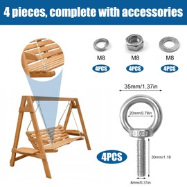 Eye Bolt M8 Stainless Steel, 4 Sets 304 Eye Bolt, Stainless Steel, Ring Nut with Screw Cap and Washer, Male Thread Eye Bolt, Screw Eyelets for Attaching, Hanging, Indoor, Outdoor Use