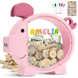 Pamctry Piggy Bank for Kids, Pink Piggy Bank for Girls,Christmas for Kids,DIY Custom Name Coin Bank with Letter Stickers for Birthdays, Christmas