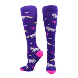 MadSportsStuff Half Cat Half Unicorn - Neon Rainbow Caticorn Athletic Over The Calf Socks