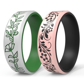icooci 2/1 Paks Wilderness Collection Engraved Ring, Flower Vine Design - Silicone Ring for Men and Women, Silicone Wedding Band for Sports Activities, Breathable Comfort Fit,Size 07