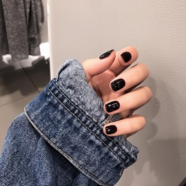 Short Square Dark Blue False Nails Glossy Pure Color Collection,24Pcs Full Cover Acrylic Stick on Nails with Jelly Glue for Women Girls Nails Art (Black)