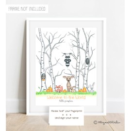 Customized Woodland Animal Fall Fingerprint Tree, Birch Trees, Woodland Animals and Pumpkins Baby Shower Thumbprint Guestbook Alternative