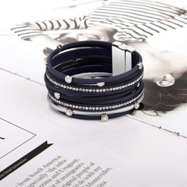 Emibele Layered Leather Bracelet, Bohemian Style Multilayer Bracelet with Cubic Zirconia Wraps Bracelet for Women Ladies Adult, Dark Blue